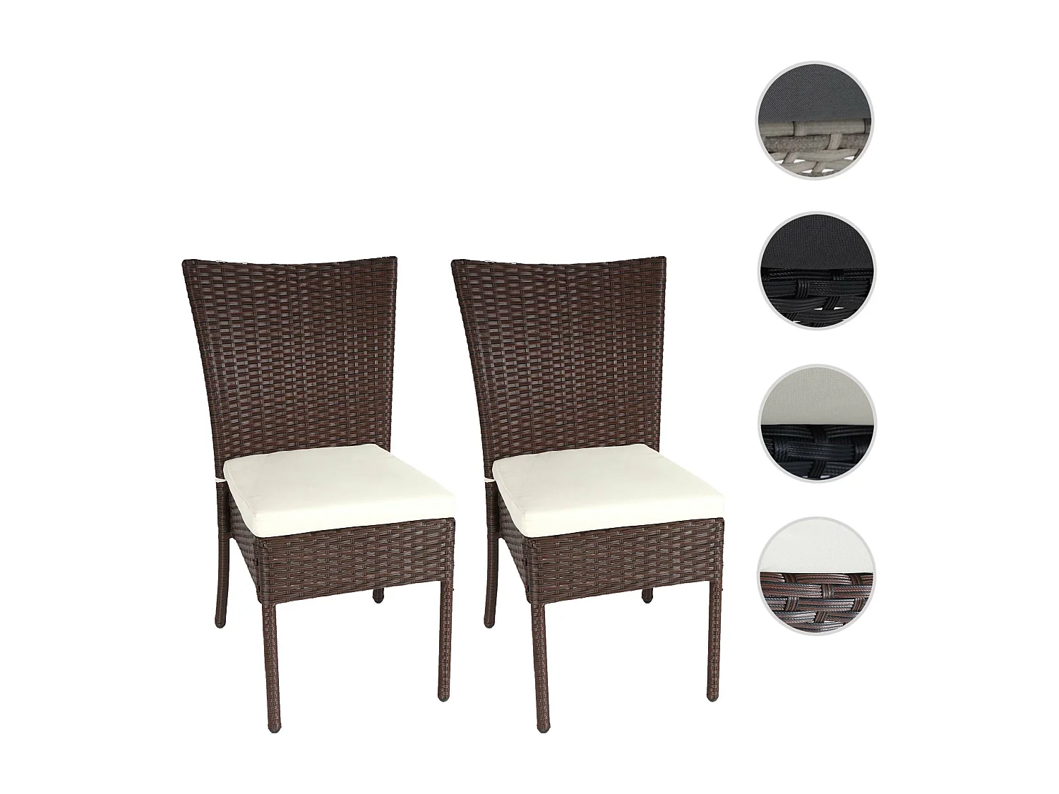 Poly-rattan stoel MCW-G19 (set van 2),  bruin, crèmekleurige kussens