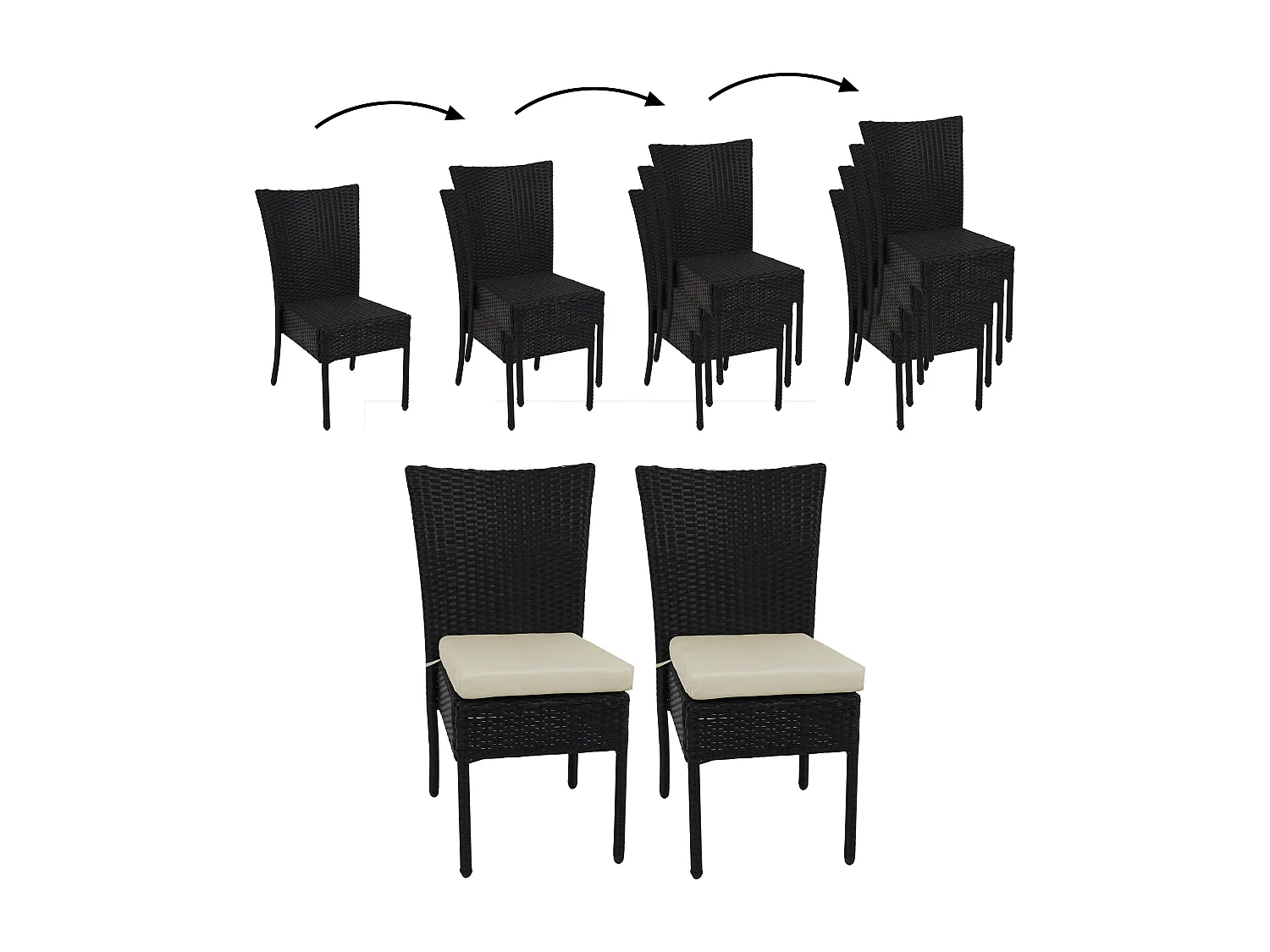 Poly-Rattan Stuhl MCW-G19 (2er-Set), Schwarz, Kissen creme