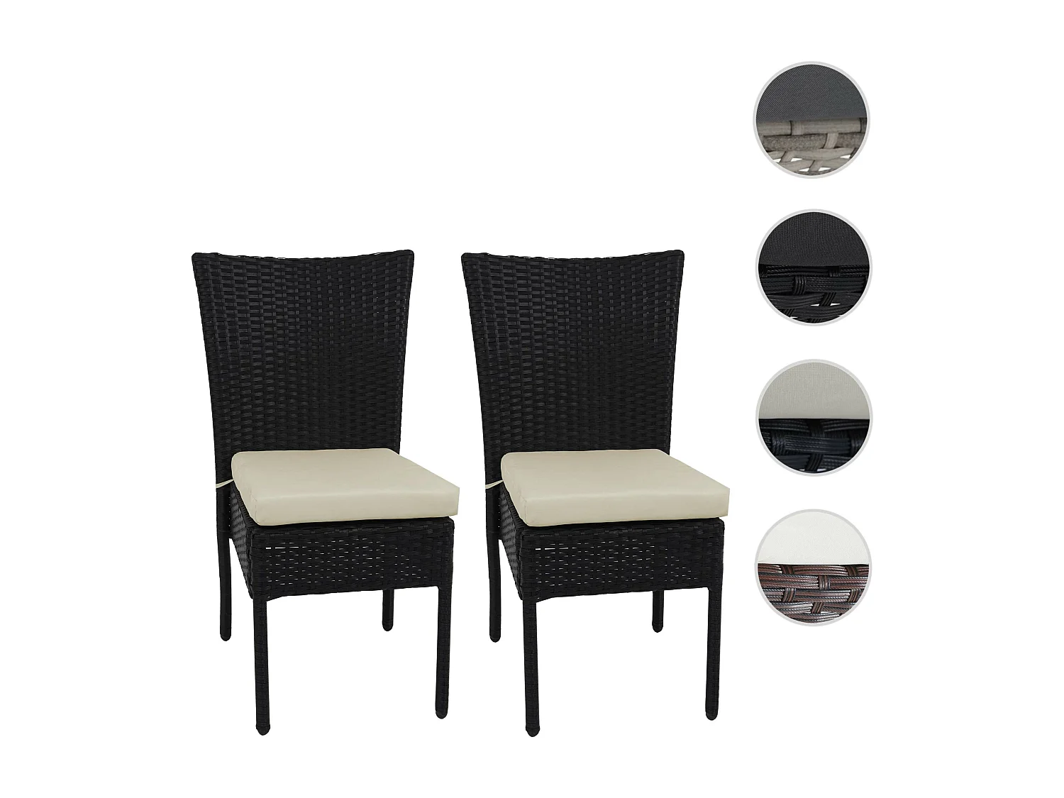 Poly-Rattan Stuhl MCW-G19 (2er-Set), Schwarz, Kissen creme