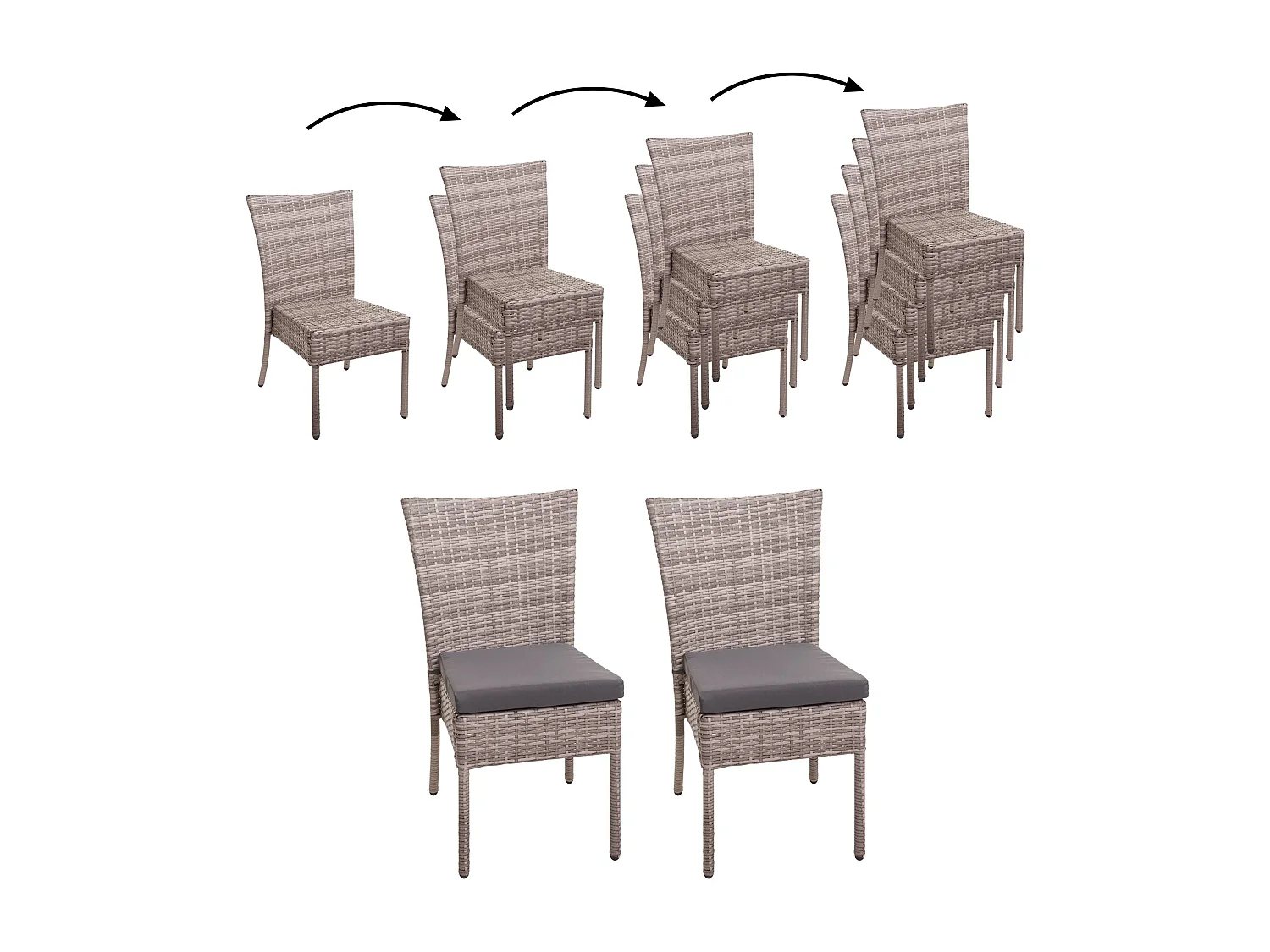 Poly-rattan stoel MCW-G19 (set van 2),  grijsbruin, donkergrijze kussens