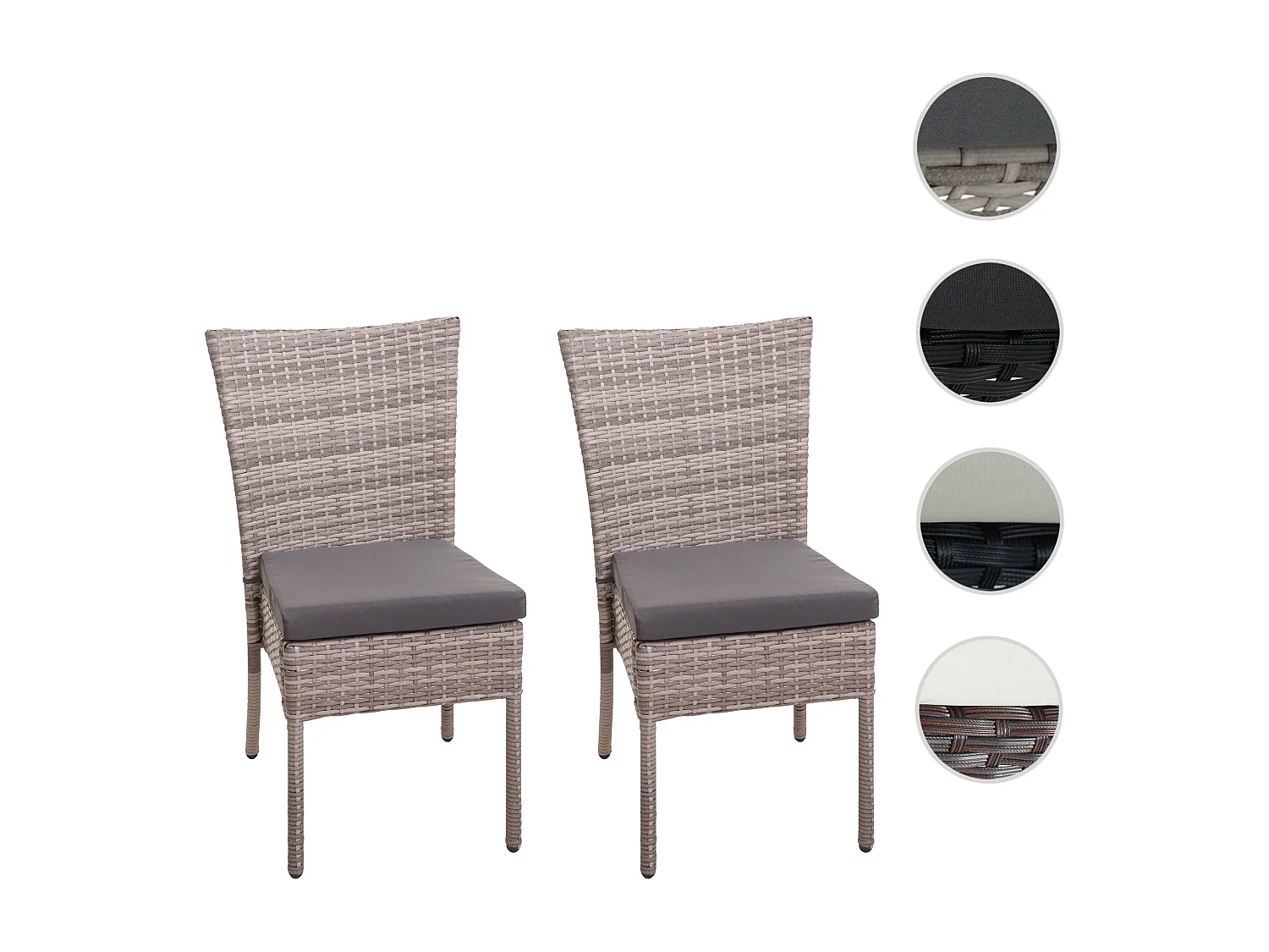 Poly-rattan stoel MCW-G19 (set van 2),  grijsbruin, donkergrijze kussens