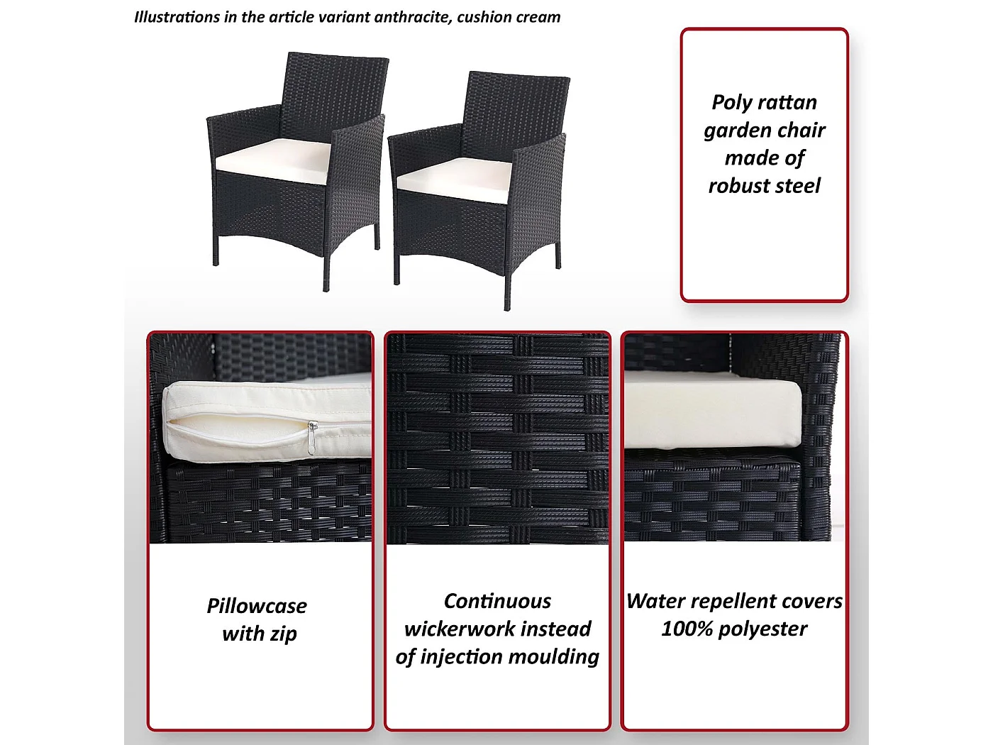 Fauteuil en poly rotin Halden (lot de 2),  anthracite, coussin crème