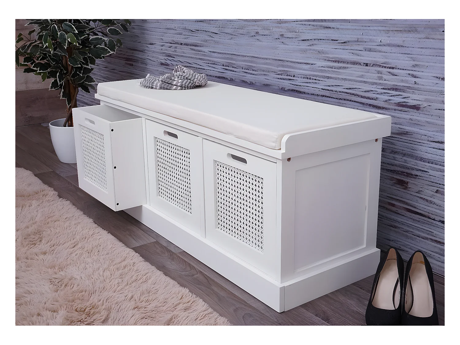 Banco MCW-J49 Cajas de almacenamiento,  blanco, tapizado crema-blanco