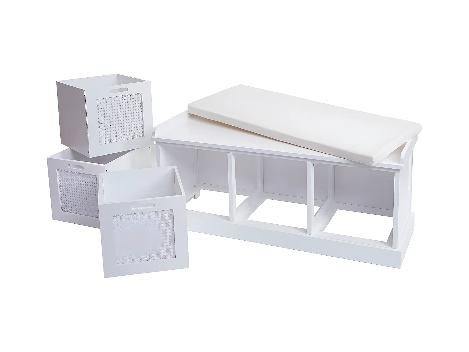 Banco MCW-J49 Cajas de almacenamiento,  blanco, tapizado crema-blanco
