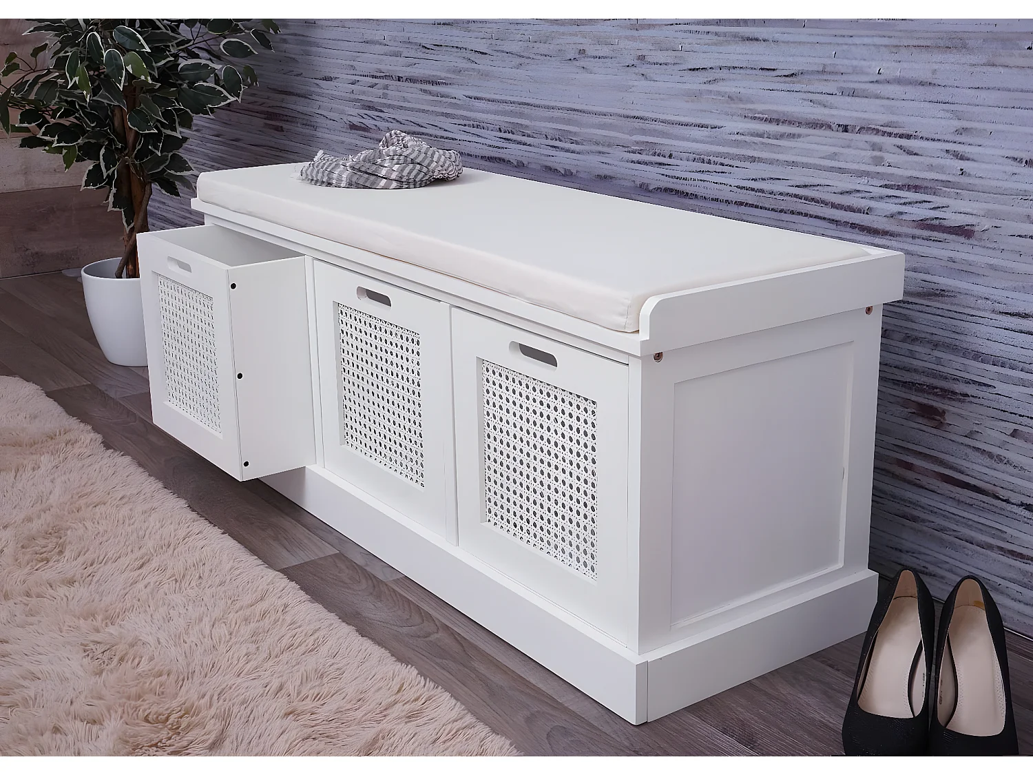 Banc MCW-J49 Boîtes de rangement,  blanc, rembourrage crème-blanc