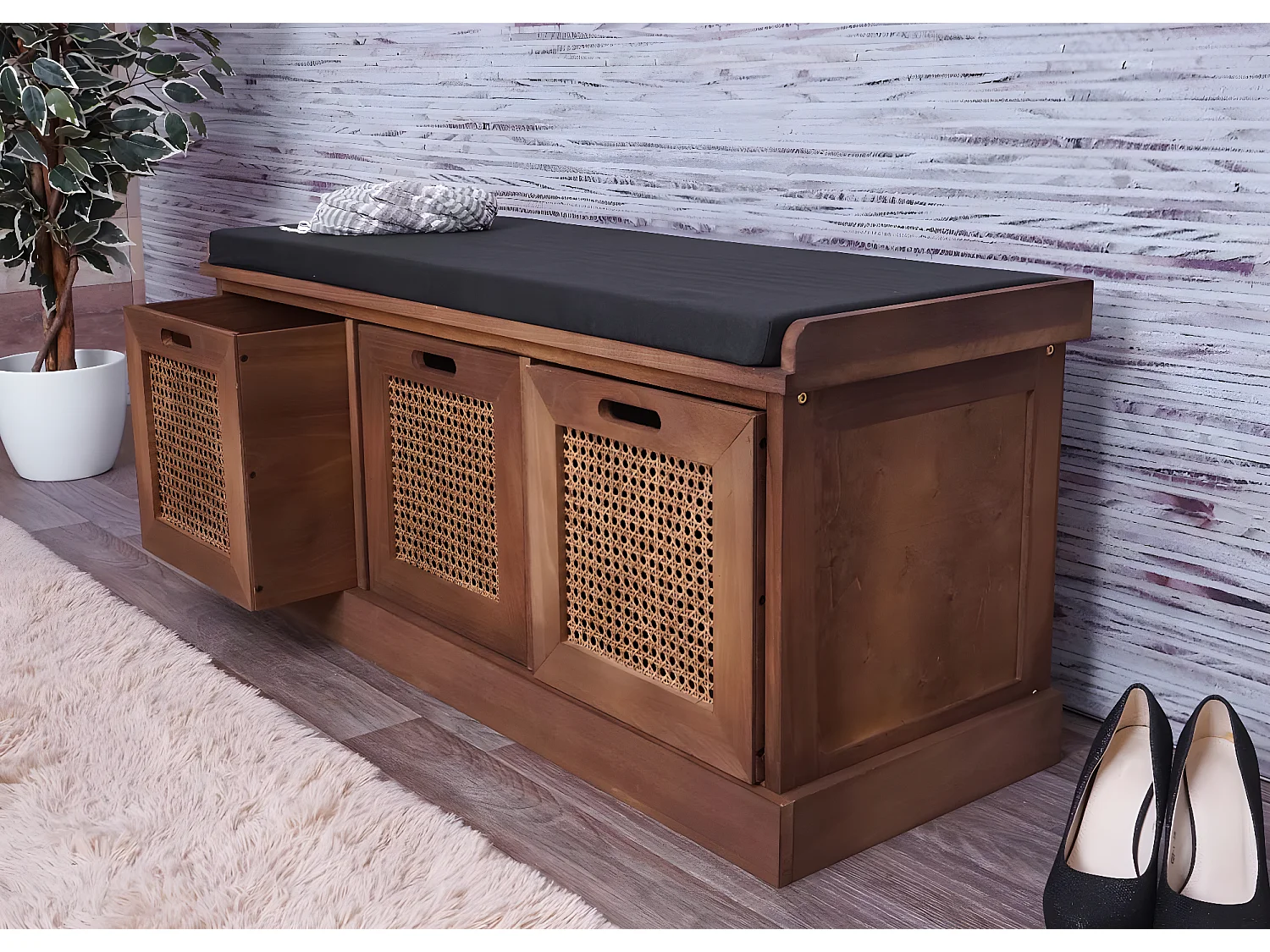 Banc MCW-J49 Boîtes de rangement,  marron, rembourrage noir