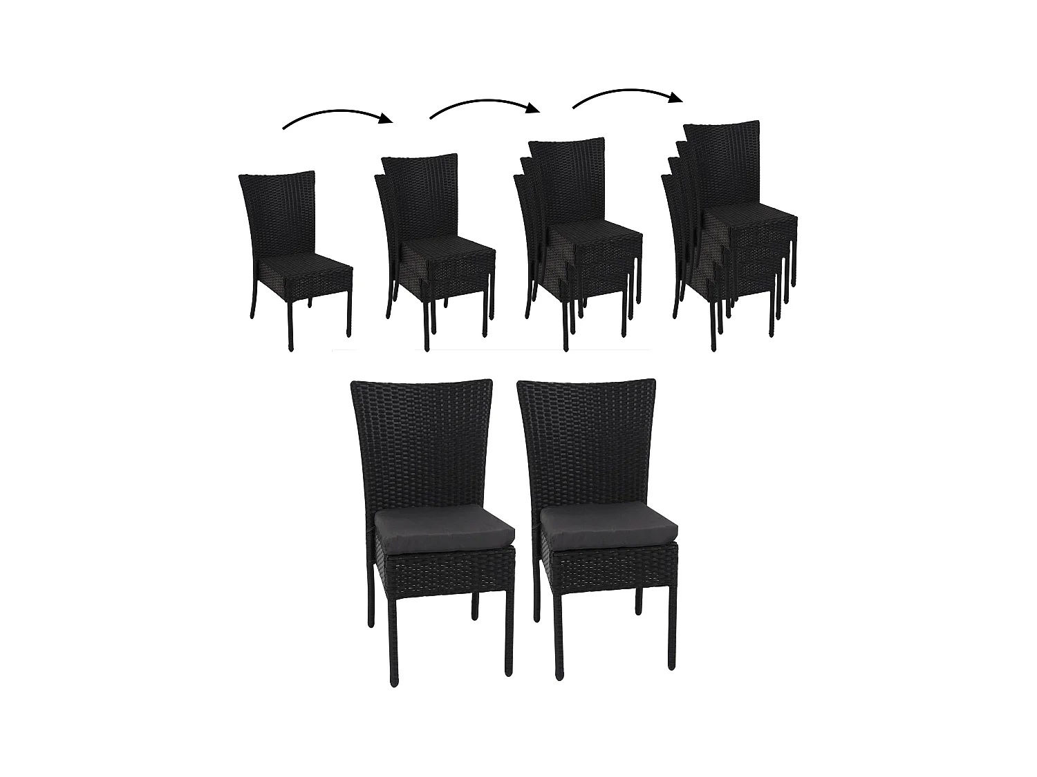 Set 2x sedie esterno giardino impilabili polyrattan MCW-G19 nero cuscini grigio scuro