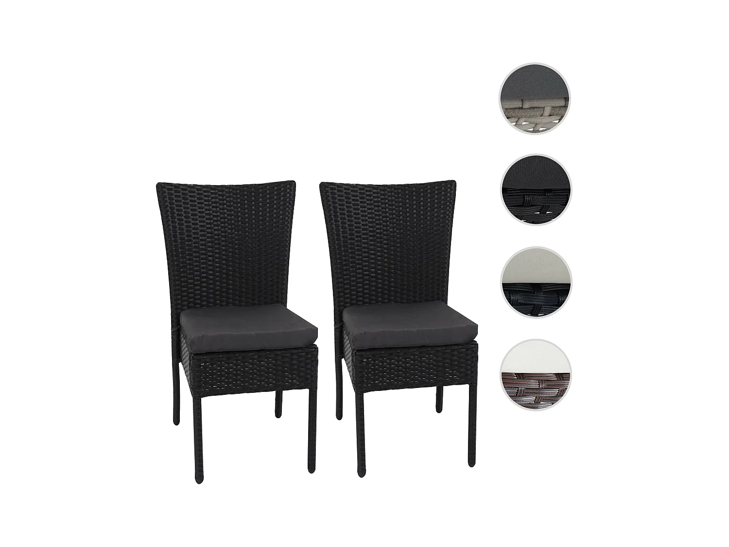 Set 2x sedie esterno giardino impilabili polyrattan MCW-G19 nero cuscini grigio scuro
