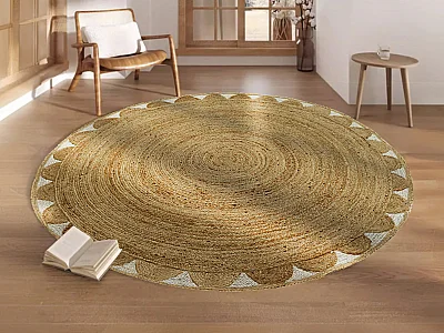 Teppich rund - Blumenmotiv - 100 % Jute - 150 cm - Naturfarben - INDIRA