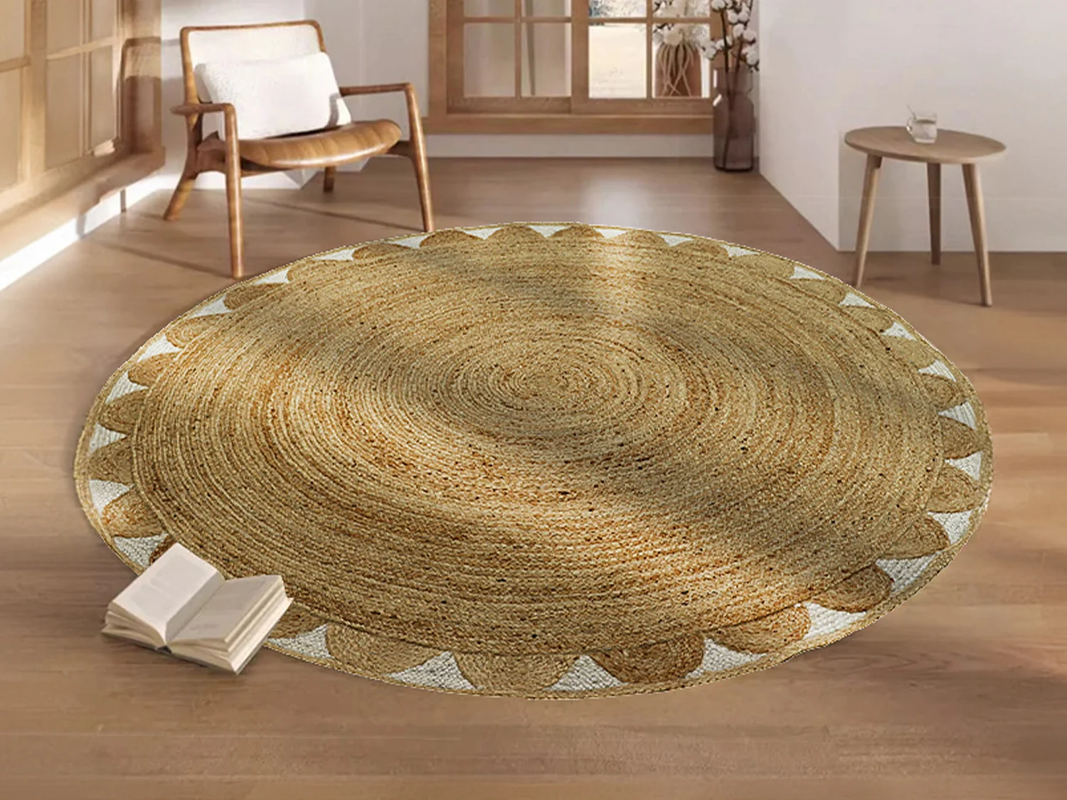 Tapis rond forme fleur 100% jute - D. 200 cm - Naturel - INDIRA
