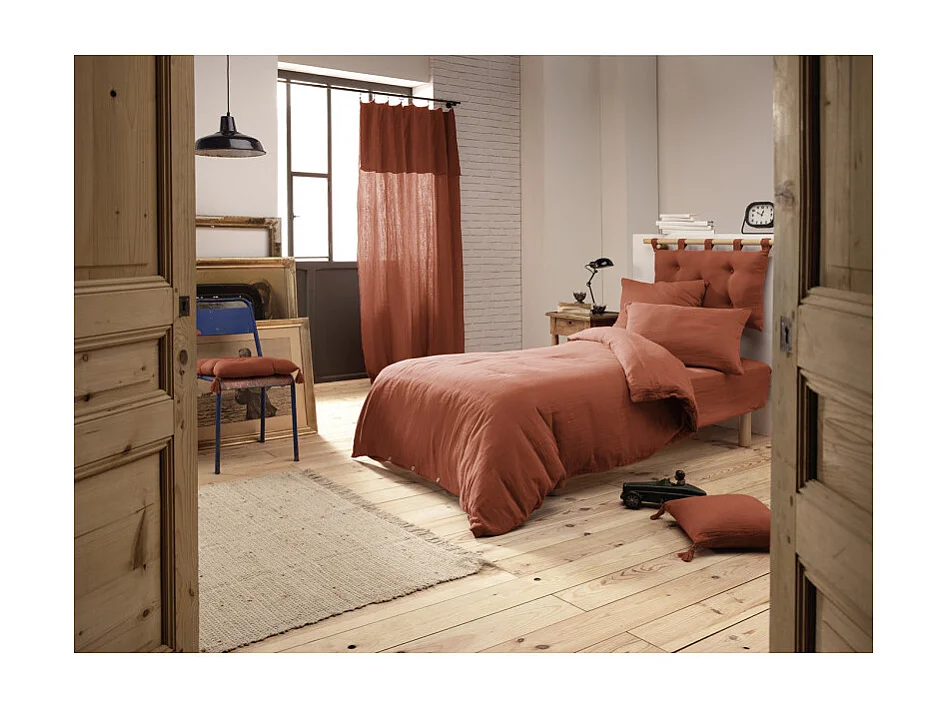 Drap housse 90 x 190 x 30 cm double gaze de coton terracotta - PEPA 1