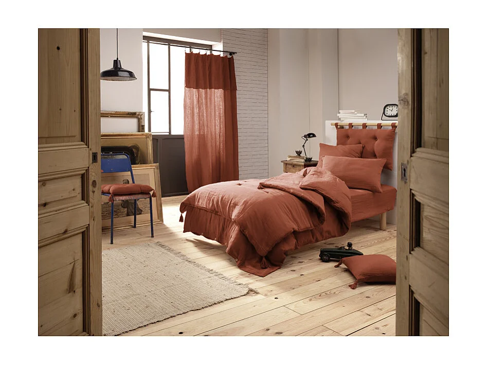 Drap housse 90 x 190 x 30 cm double gaze de coton terracotta - PEPA 1