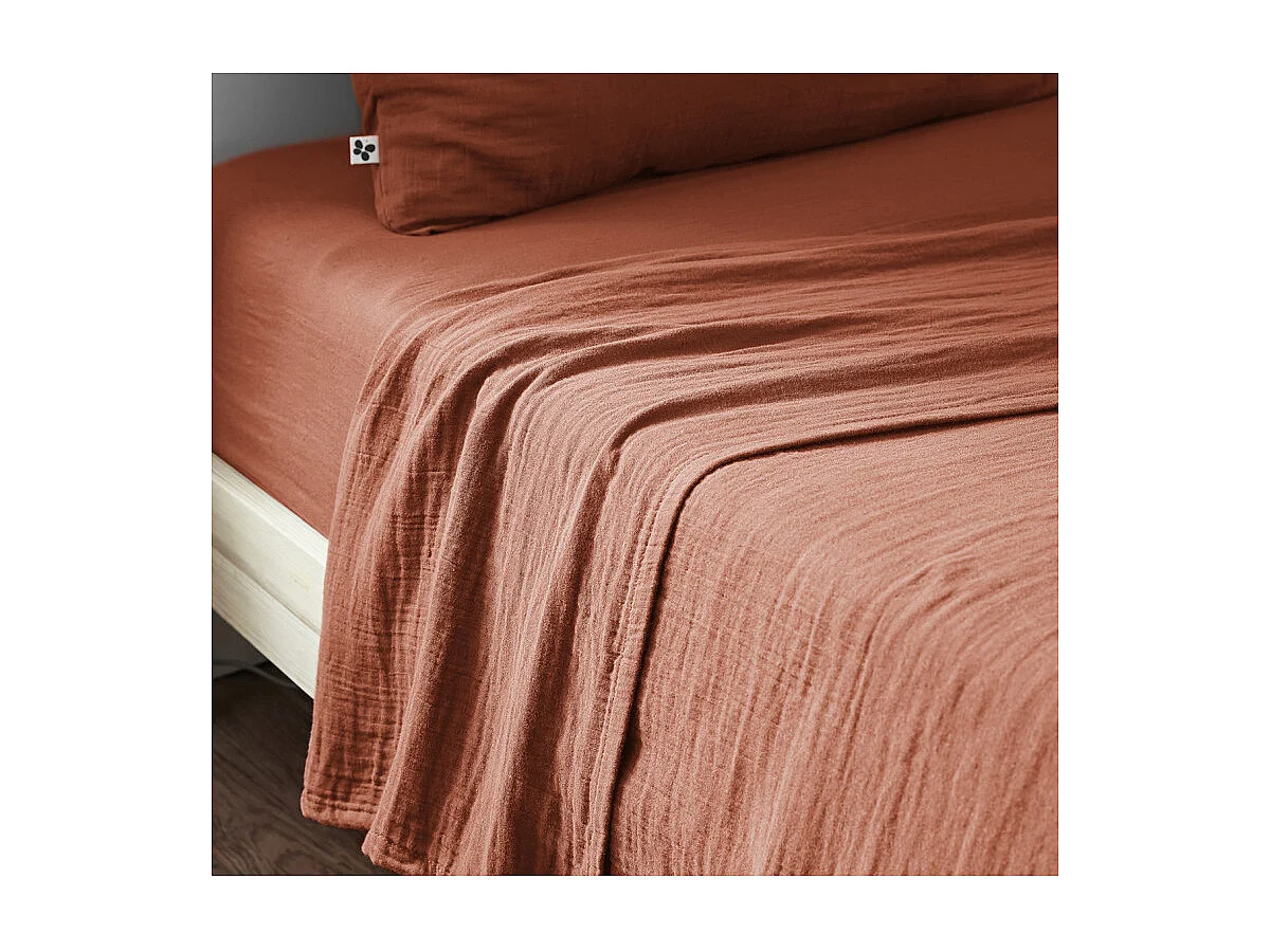 Drap housse 90 x 190 x 30 cm double gaze de coton terracotta - PEPA 1