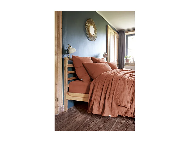 Drap housse 90 x 190 x 30 cm double gaze de coton terracotta - PEPA 1
