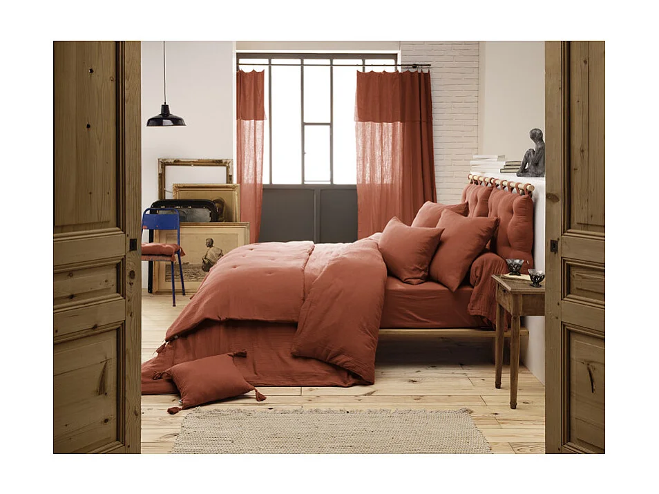 Drap housse 180 x 200 x 30 cm double gaze de coton terracotta - PEPA 4