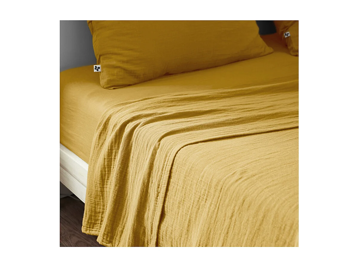 Drap housse 180 x 200 x 30 cm double gaze de coton jaune - PEPA 4