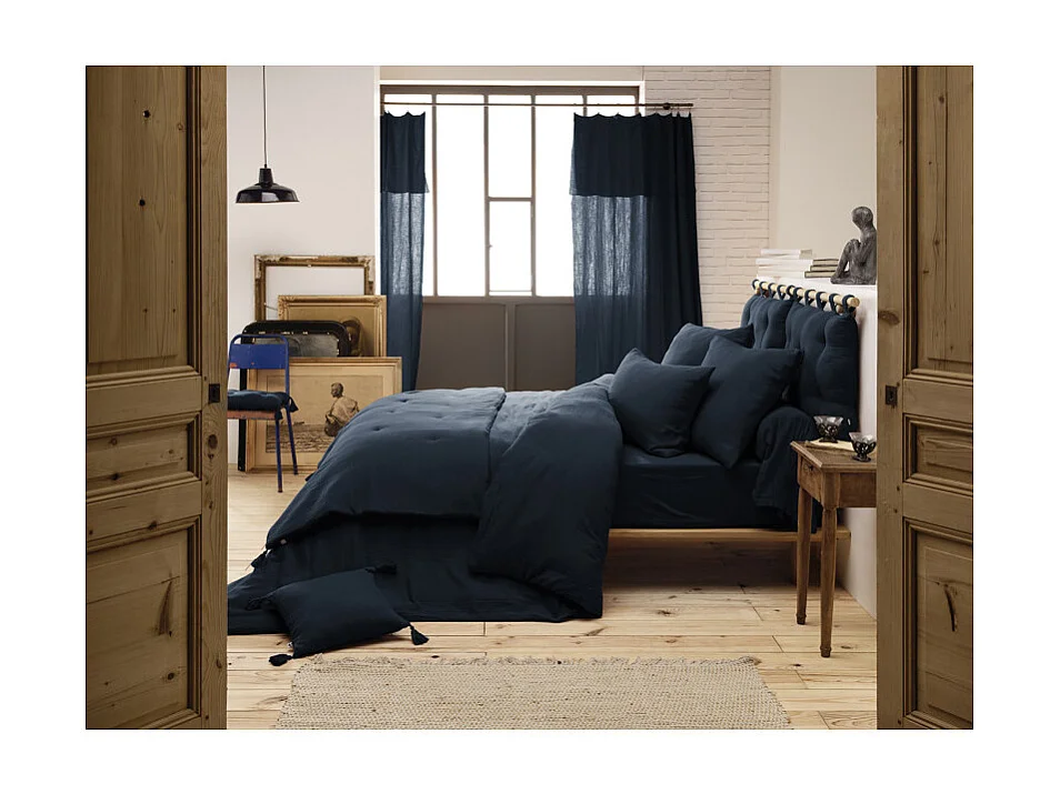Drap housse 140 x 190 x 30 cm double gaze de coton bleu nuit - PEPA 2