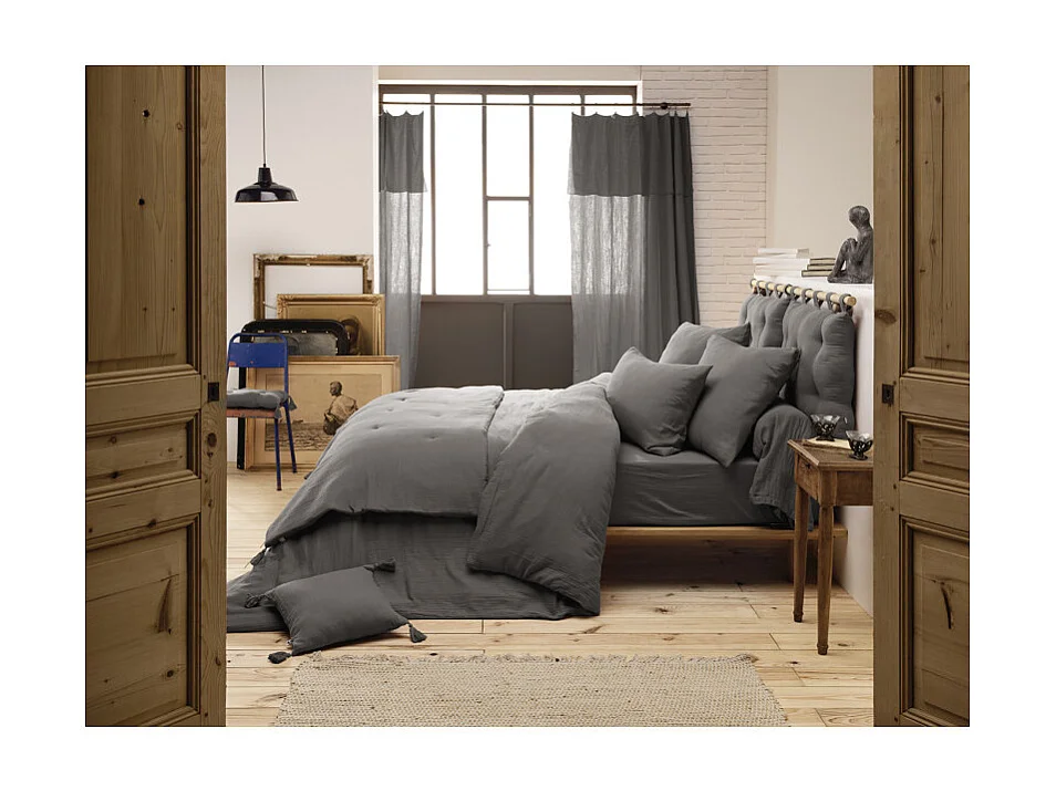 Drap housse 180 x 200 x 30 cm double gaze de coton gris - PEPA 4