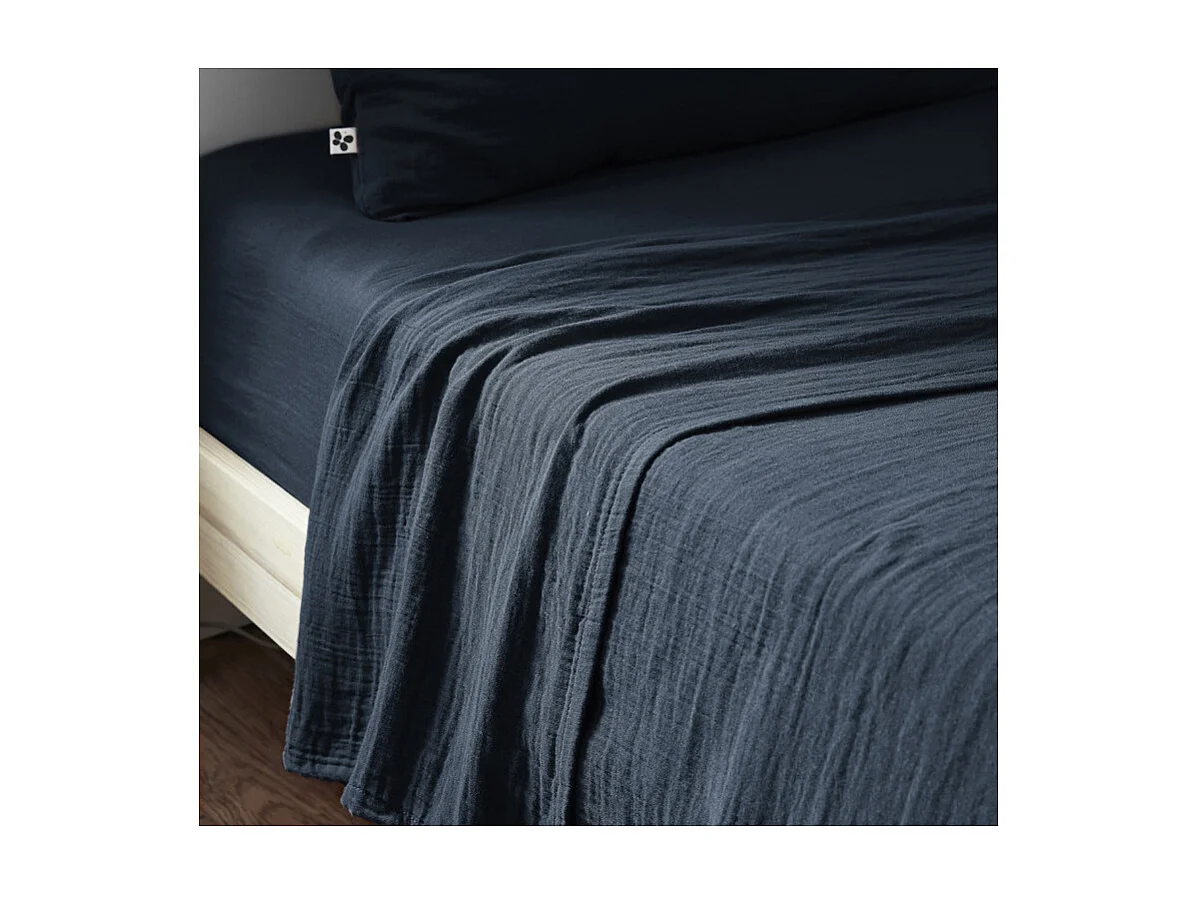 Drap housse 90 x 190 x 30 cm double gaze de coton bleu nuit - PEPA 1