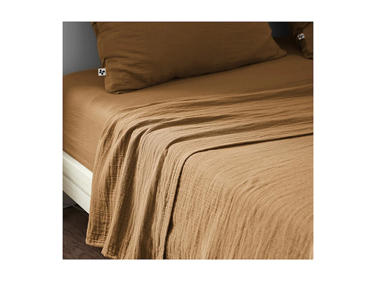 Drap housse 180 x 200 x 30 cm double gaze de coton camel - PEPA 4
