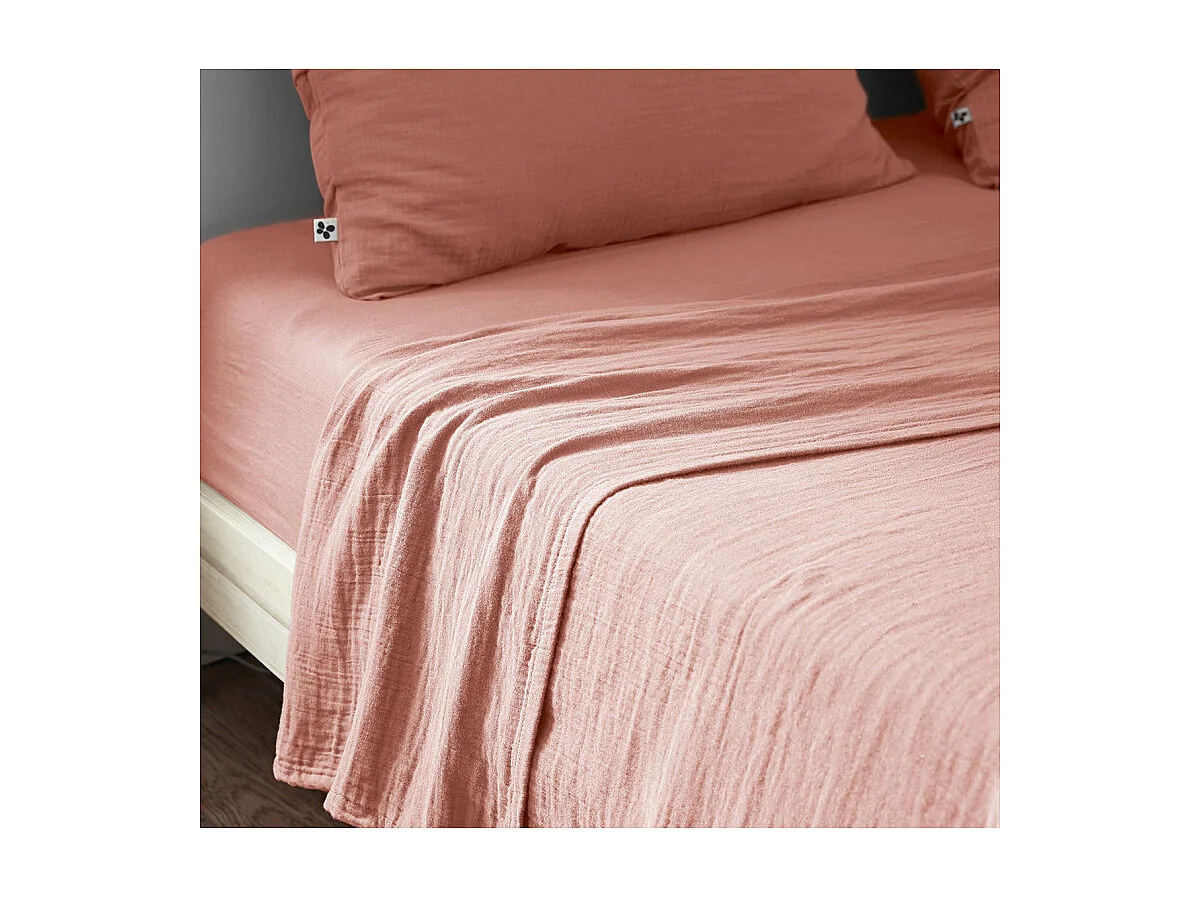 Drap housse 180 x 200 x 30 cm double gaze de coton pêche - PEPA 4