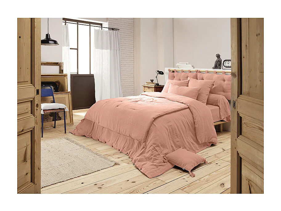 Drap housse 180 x 200 x 30 cm double gaze de coton pêche - PEPA 4