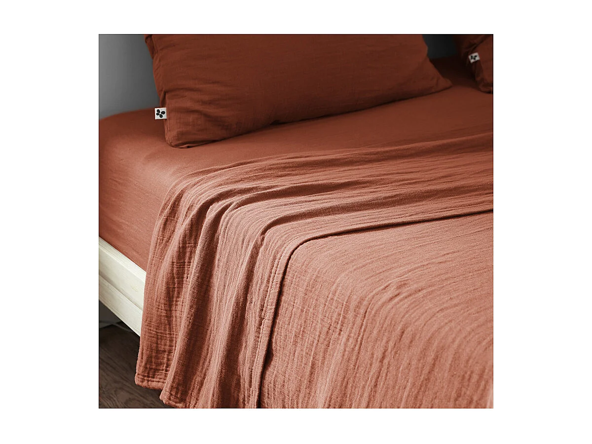 Drap housse 140 x 190 x 30 cm double gaze de coton terracotta - PEPA 2