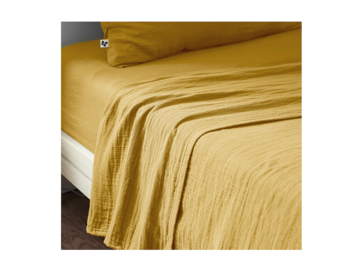 Drap housse 90 x 190 x 30 cm double gaze de coton jaune - PEPA 1