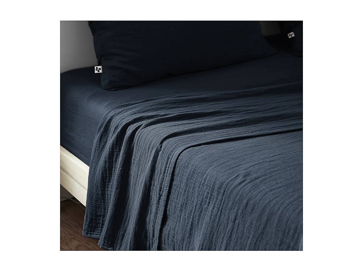 Drap housse 160 x 200 x 30 cm double gaze de coton bleu buit - PEPA 3