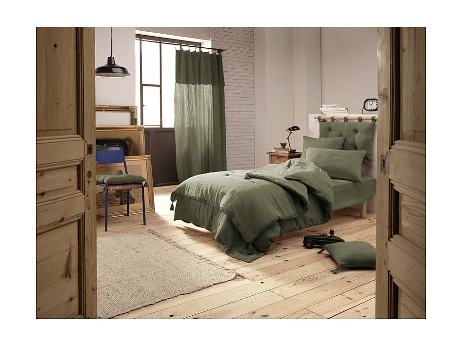 Drap housse 90 x 190 x 30 cm double gaze de coton vert - PEPA 1