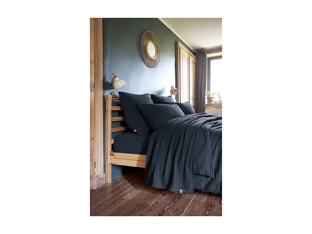 Drap housse 180 x 200 x 30 cm double gaze de coton bleu nuit - PEPA 4