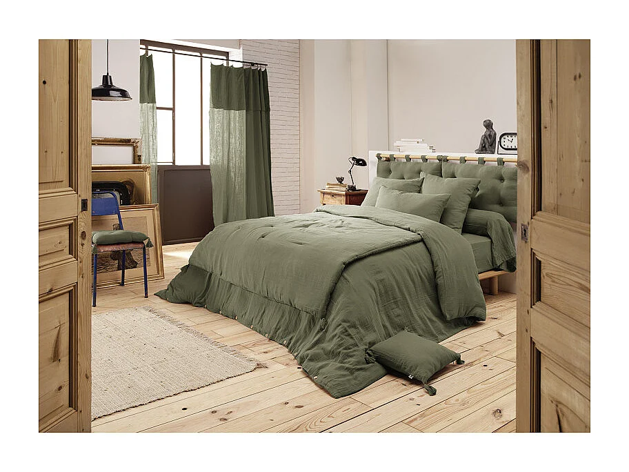 Drap housse 180 x 200 x 30 cm double gaze de coton vert - PEPA 4