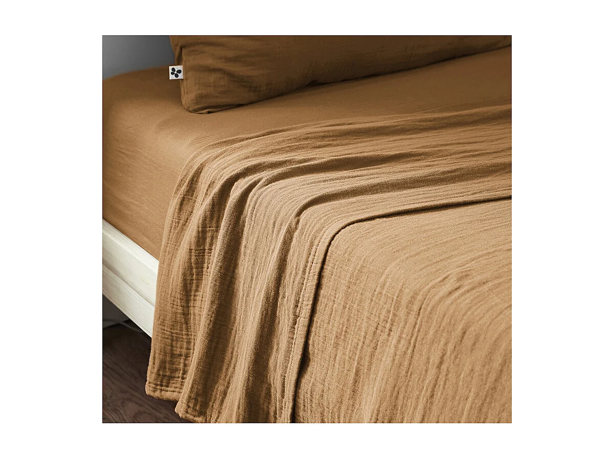 Drap housse 90 x 190 x 30 cm double gaze de coton camel - PEPA 1