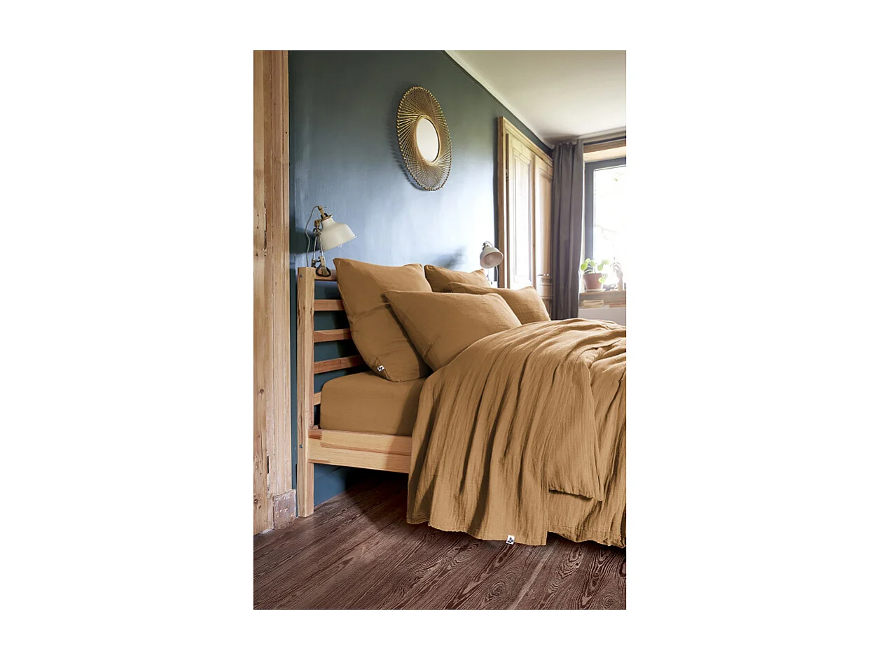 Drap housse 90 x 190 x 30 cm double gaze de coton camel - PEPA 1