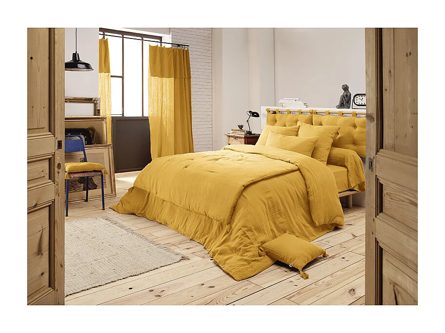 Drap housse 160 x 200 x 30 cm double gaze de coton jaune - PEPA 3