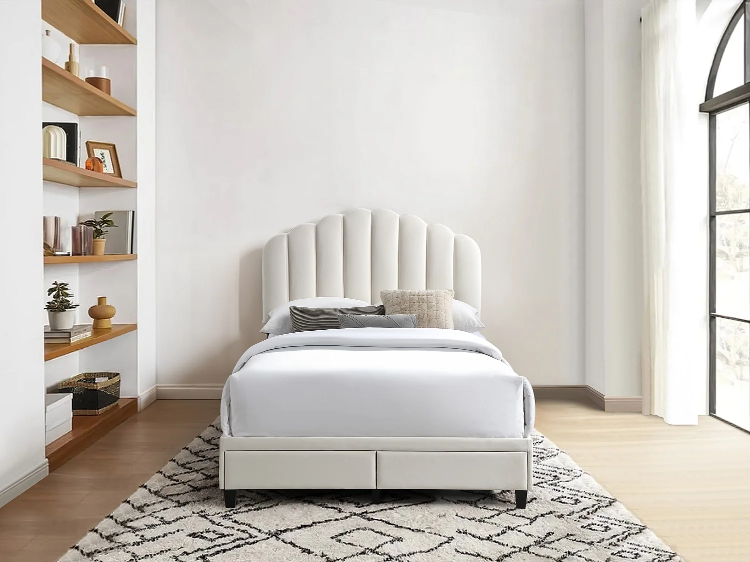 Łóżko 160 x 200 cm z szufladami - Welur - Kość słoniowa - ILISIO