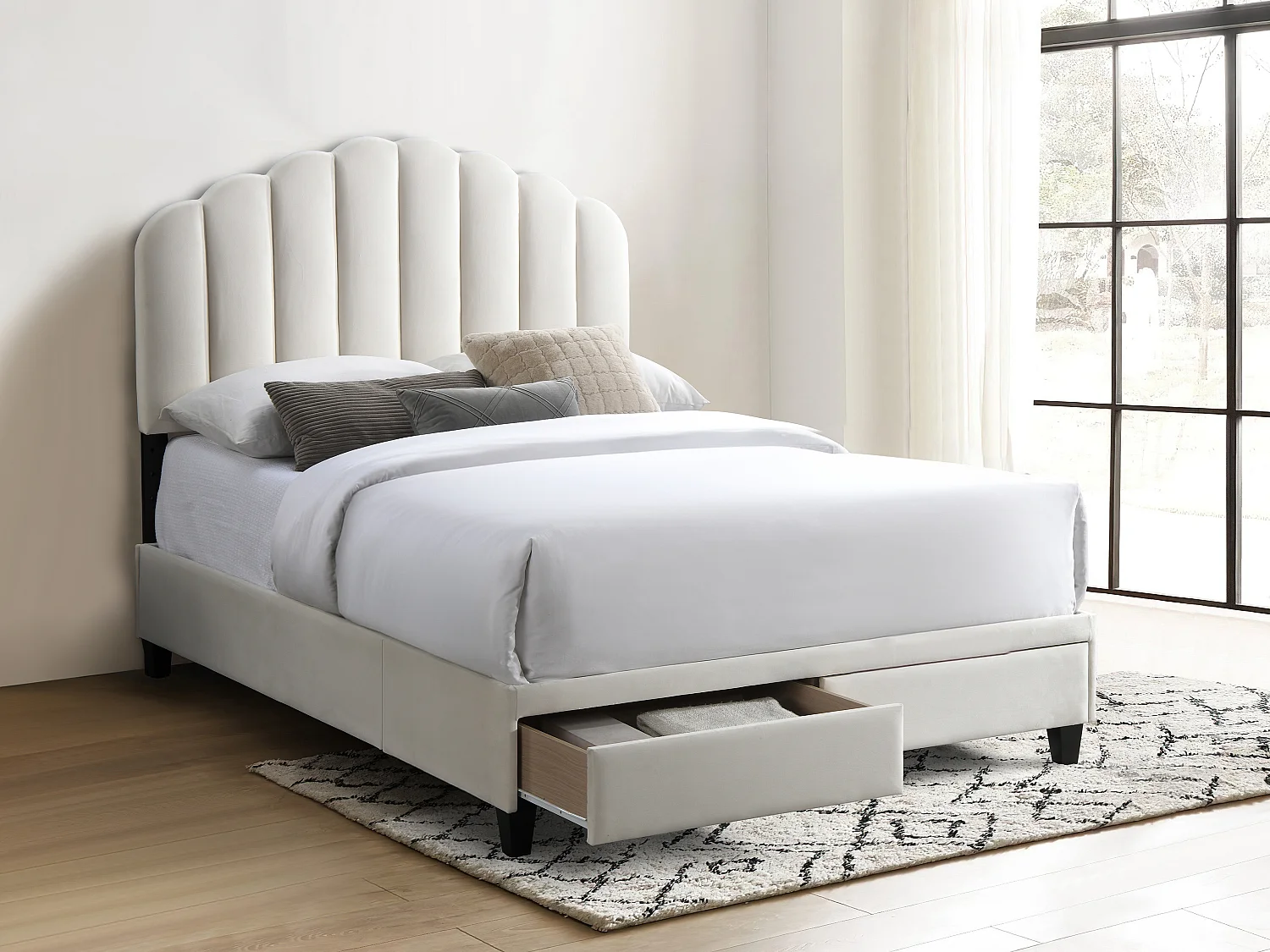 Bett mit Schubladen - 160 x 200 cm - Samt - Elfenbeinfarben - ILISIO