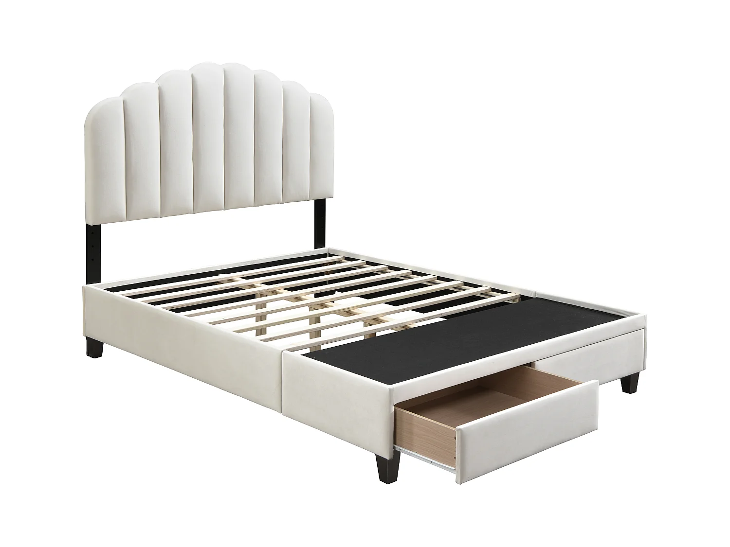 Bett mit Schubladen - 160 x 200 cm - Samt - Elfenbeinfarben - ILISIO