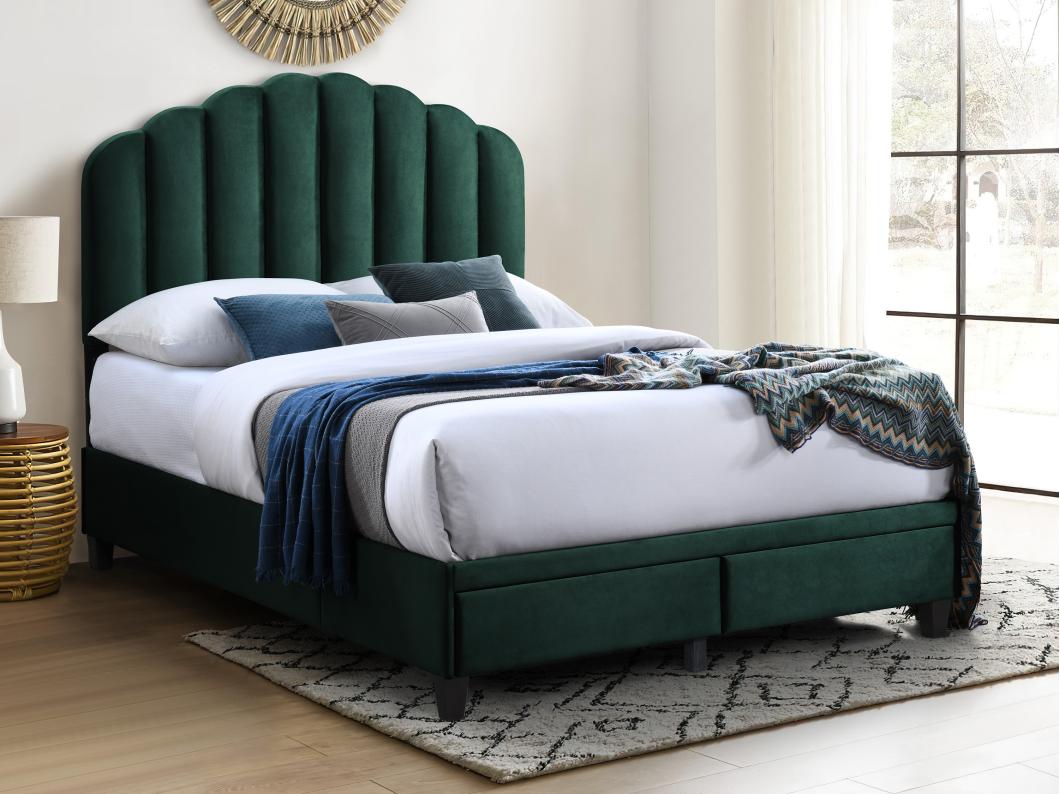 Lit 140 x 190 cm avec tiroirs - Velours - Vert sapin - ILISIO