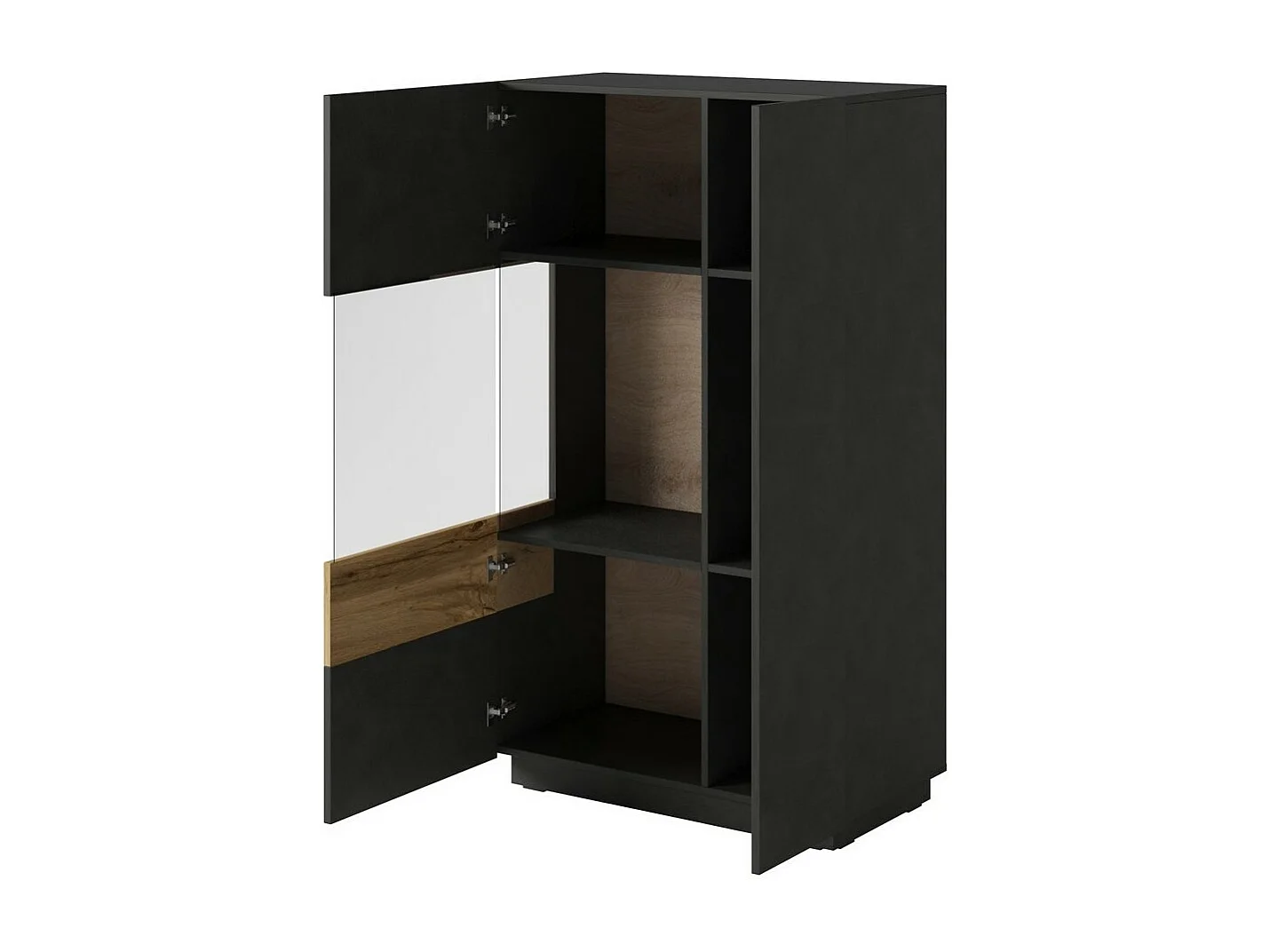 Buffet haut avec collection KILES deux portes. Coloris gris anthracite et chêne. Porte vitrée à gauche