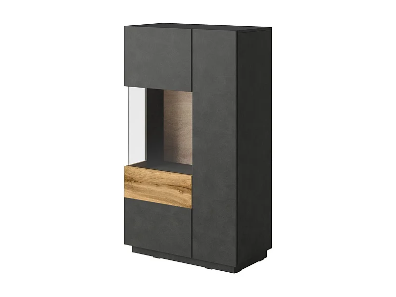 Hoher Buffetschrank mit KILES Kollektion, zwei Türen. Farbe Anthrazitgrau und Eiche. Glastür links.