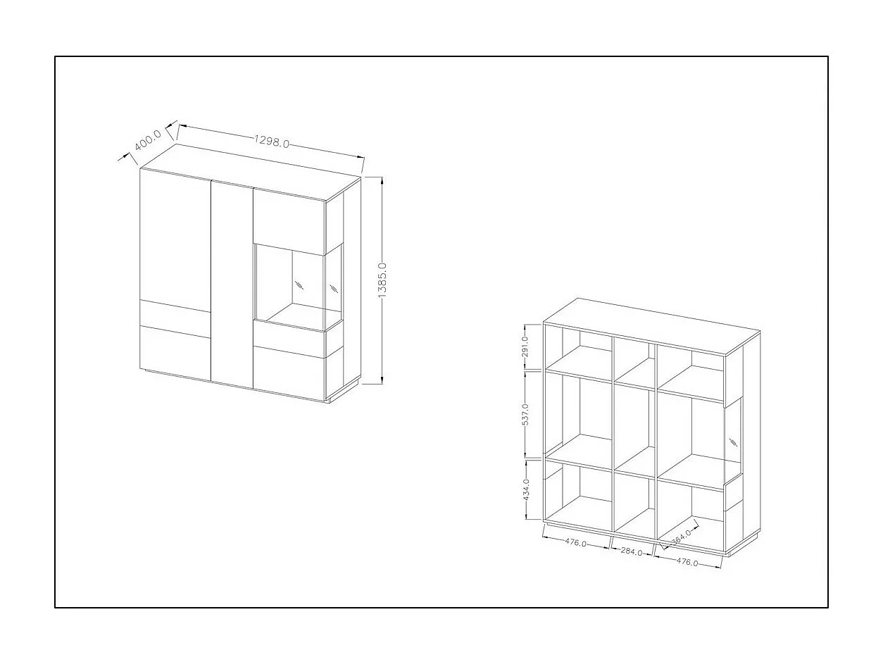 Hoher Buffetschrank KILES mit drei Türen. Farbe Weiß und Eiche. Designstil.
