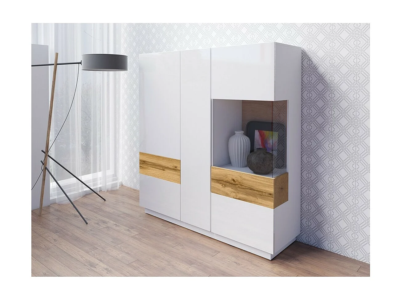 Hoher Buffetschrank KILES mit drei Türen. Farbe Weiß und Eiche. Designstil.