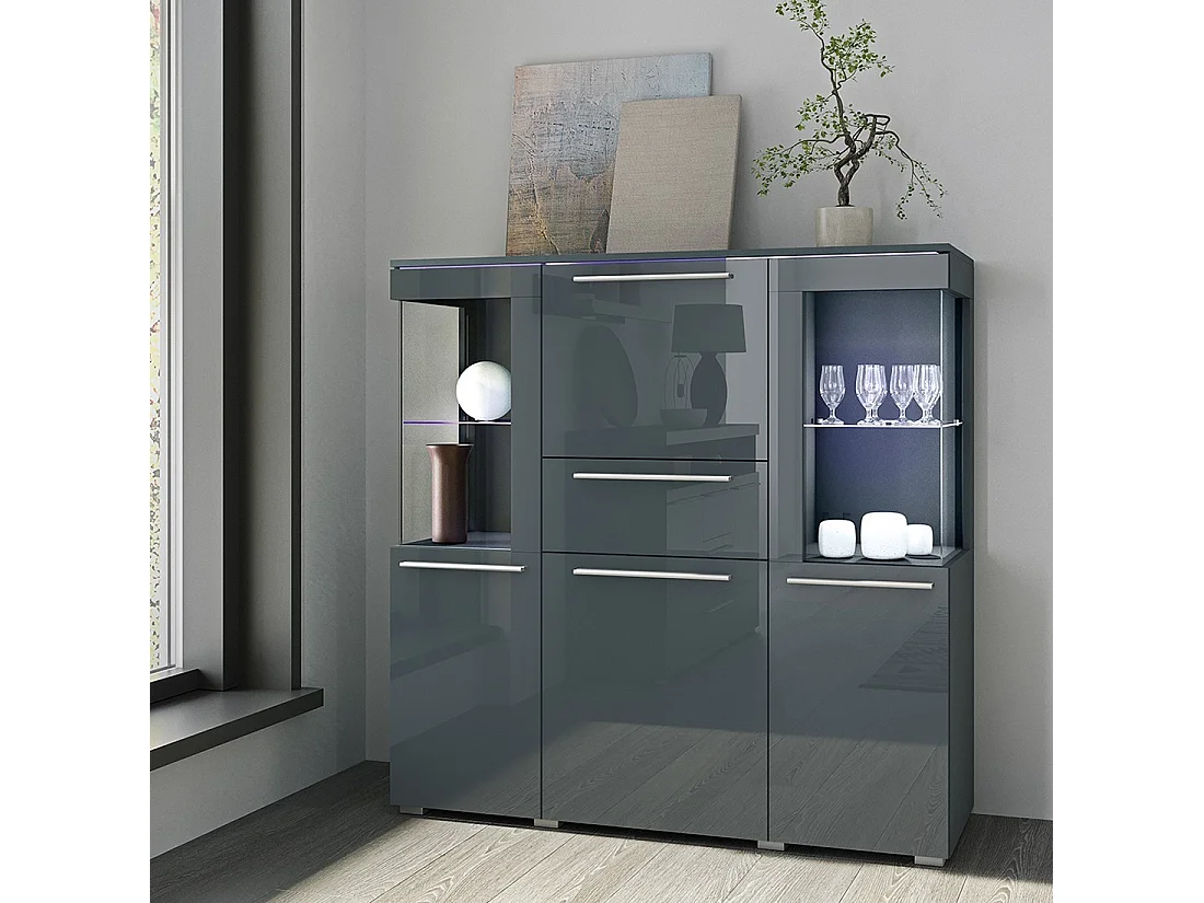 Buffet haut pour salon couleur gris brillant collection BOMBAY