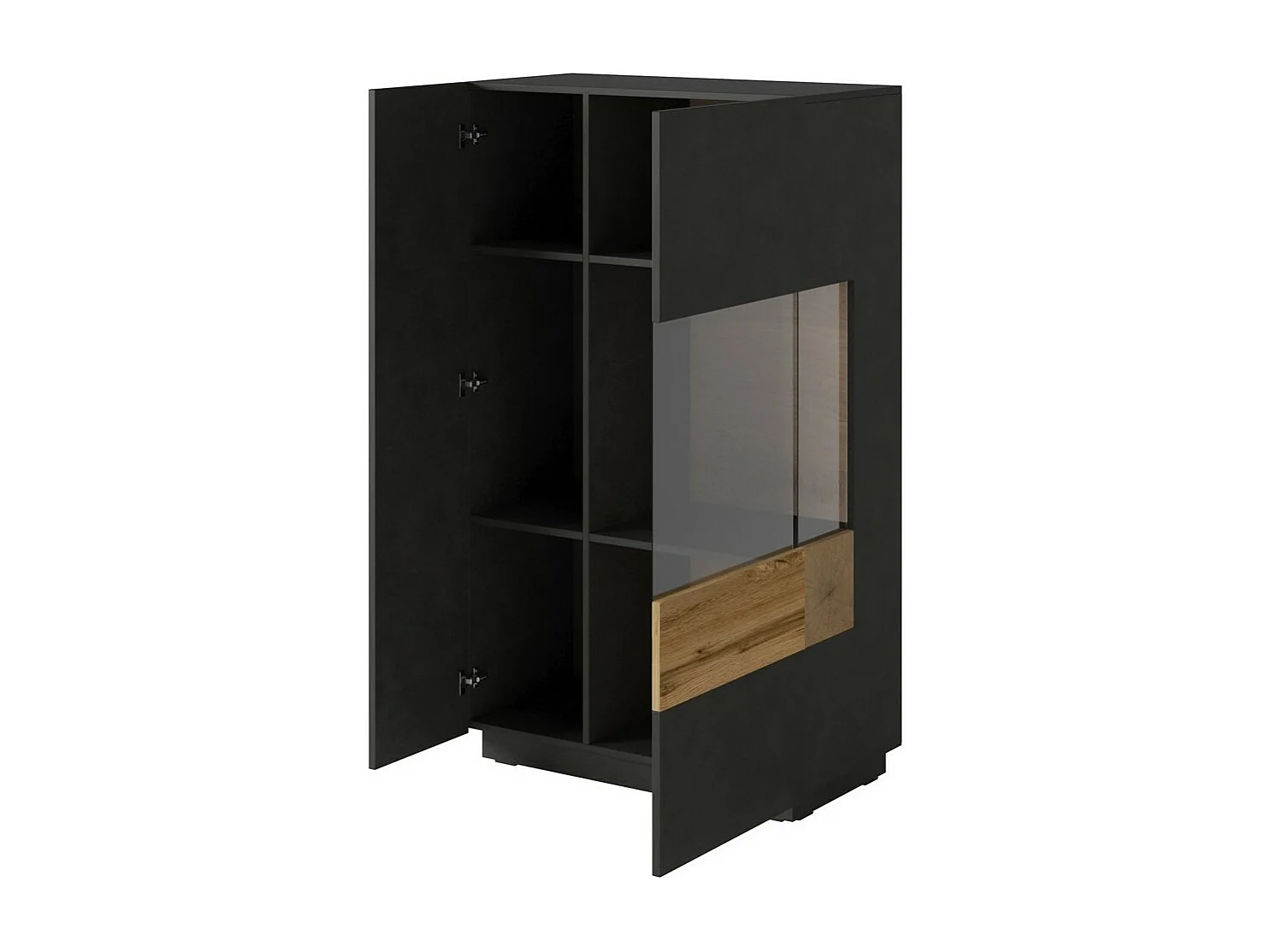 Buffet alto coleção KILES com duas portas. Cor cinza antracite e carvalho. Porta de vidro à direita.