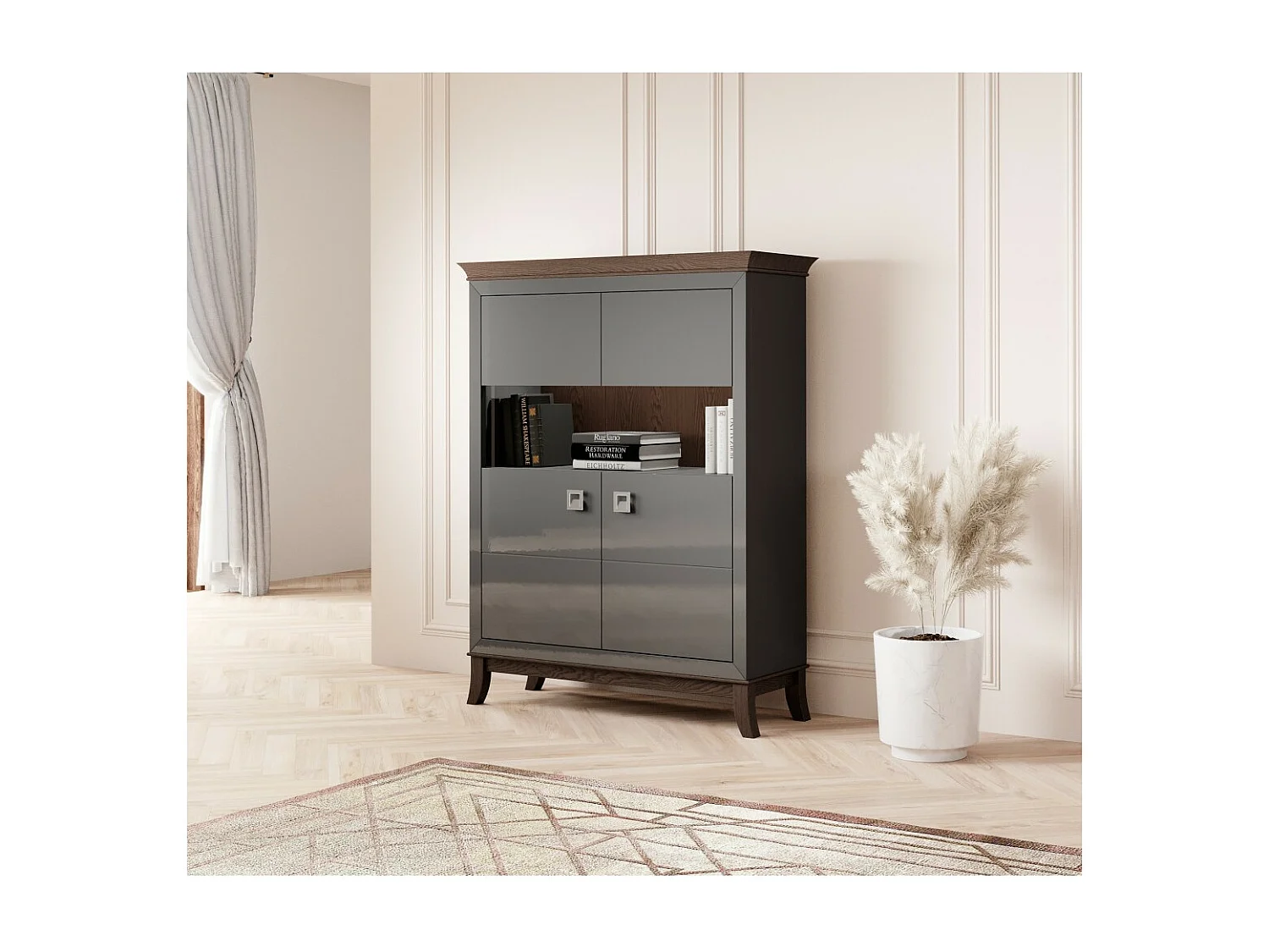 Buffet alto design com 2 portas para sala de estar, cor cinza e carvalho escuro, coleção PALACE