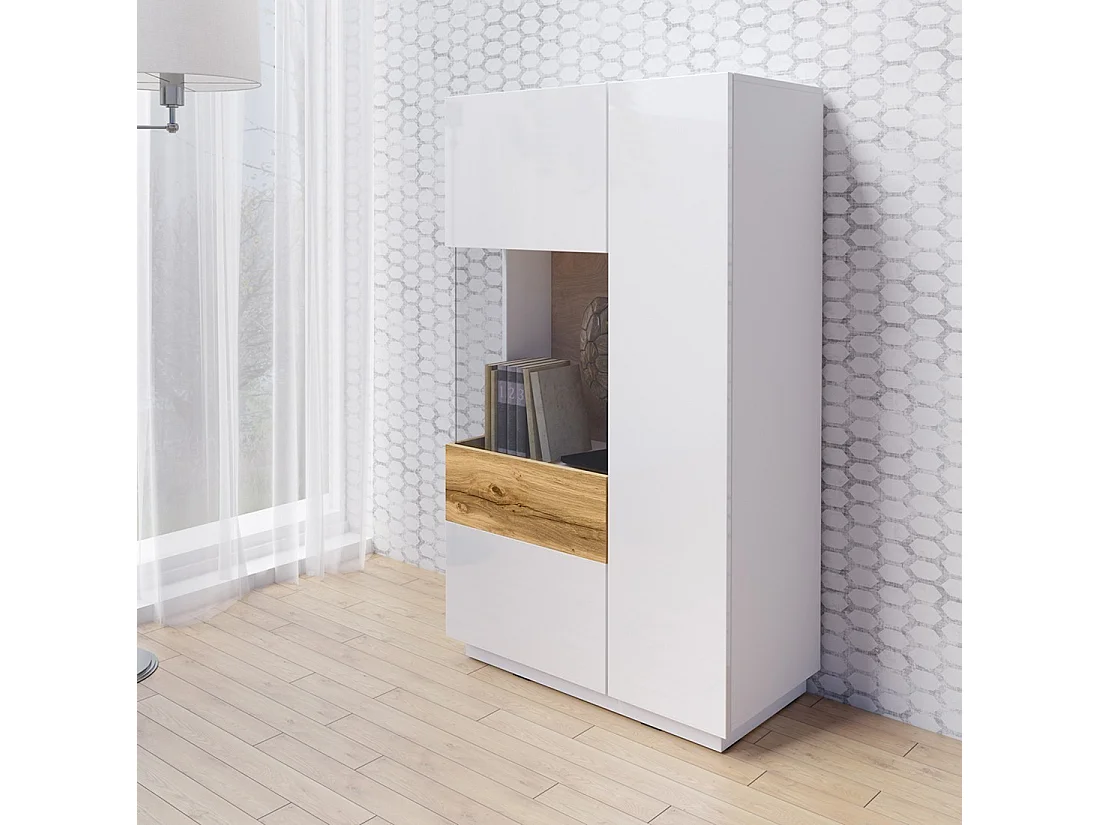 Aparador alto con colección KILES de dos puertas. Color blanco y roble. Puerta de vidrio a la izquierda.