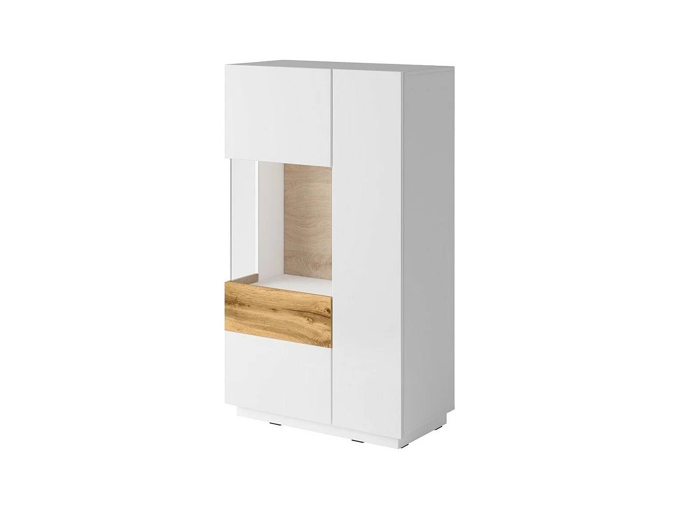 Buffet haut avec collection KILES deux portes. Coloris blanc et chêne. Porte vitrée à gauche