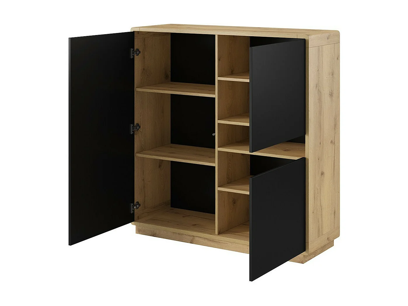 Hoge buffetkast collectie VILLA. Eiken en zwarte kleur. 3 deuren en 1 nis.