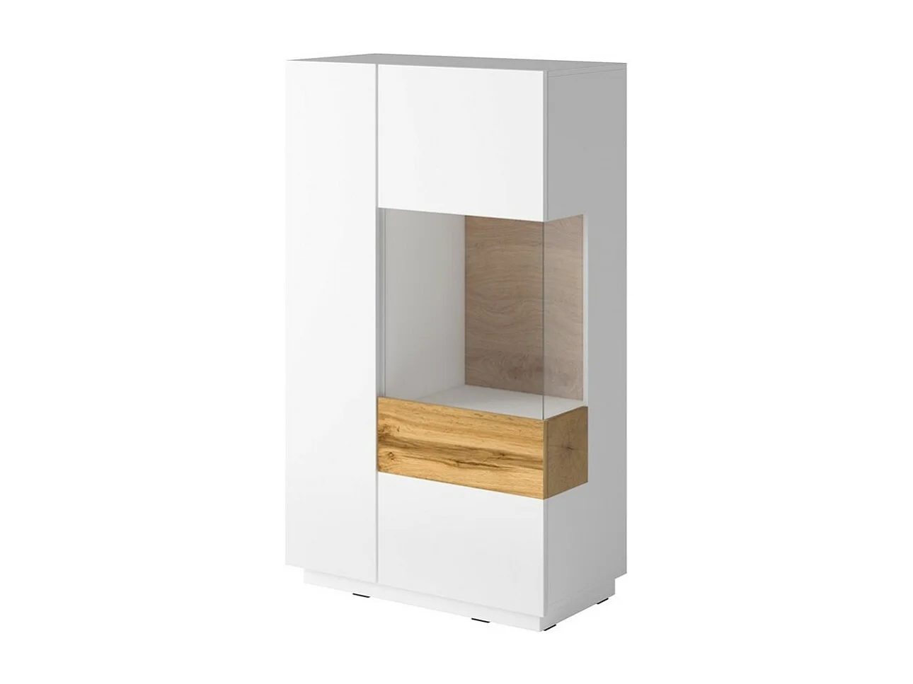 Aparador alto colección KILES de dos puertas. Color blanco y roble. Puerta acristalada a la derecha.